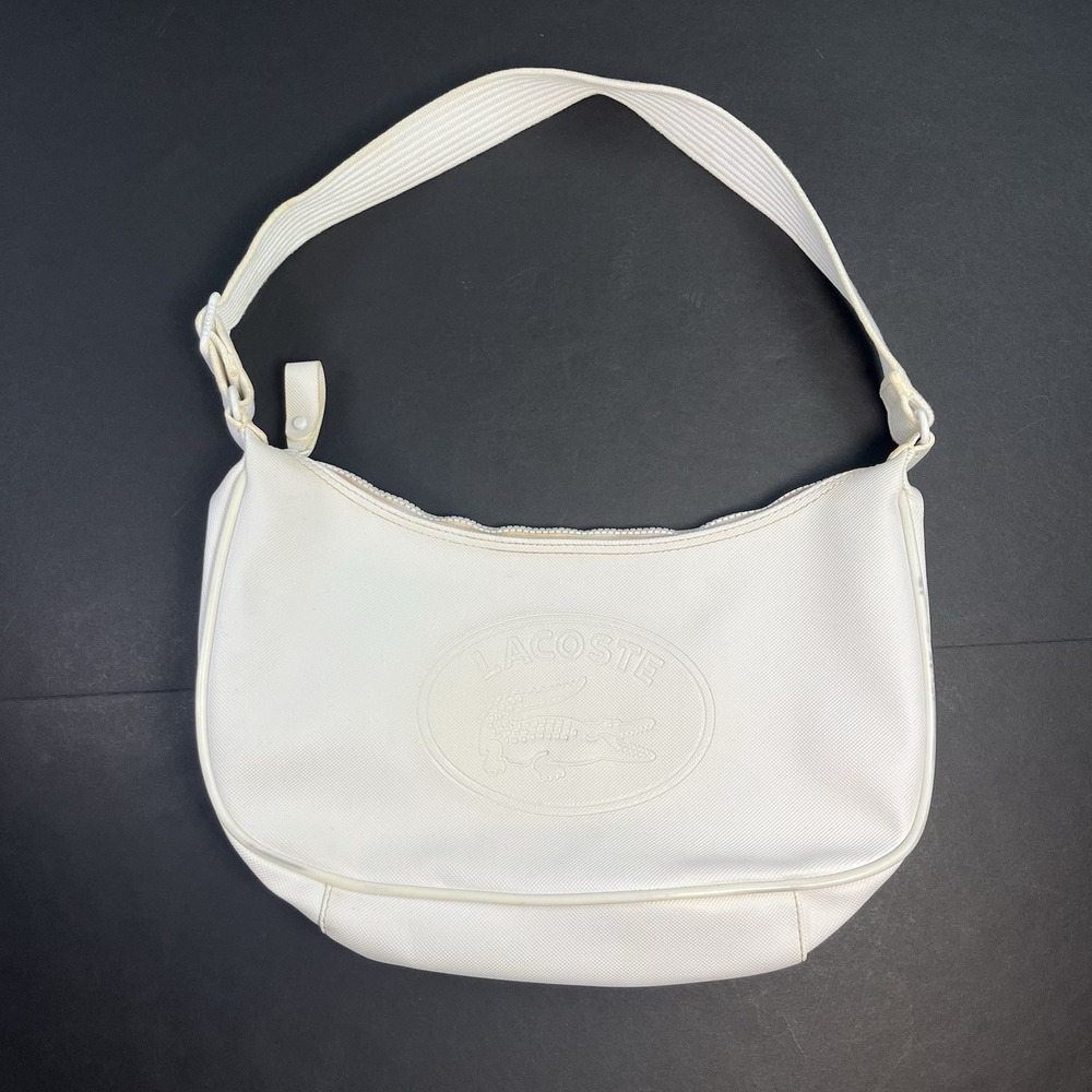 Vintage Lacoste White Shoulder Bag Baguette Large Embossed Logo Y2K Tote Purse